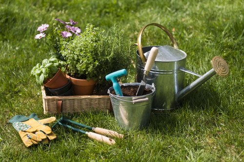 Hard landscaping features in Millbank including paving, seating, and garden lighting